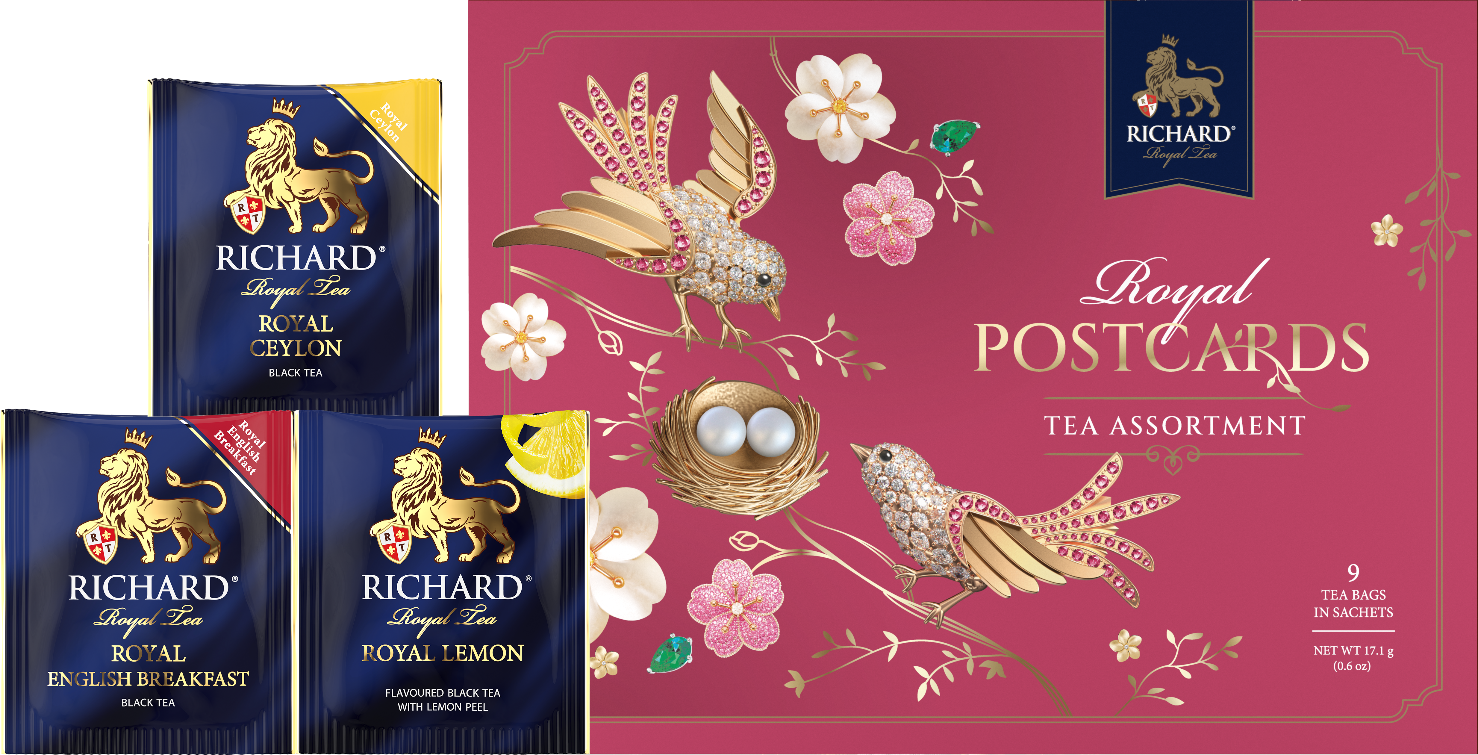Richard Royal Képeslap madaras,virágos tea-válogatás, piros-arany madár,17.1g